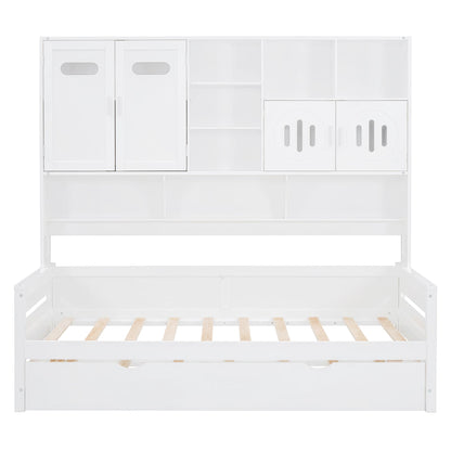 Twin Size Wooden Daybed With Twin Size Trundle, and All-in-One Cabinet and Shelf, White