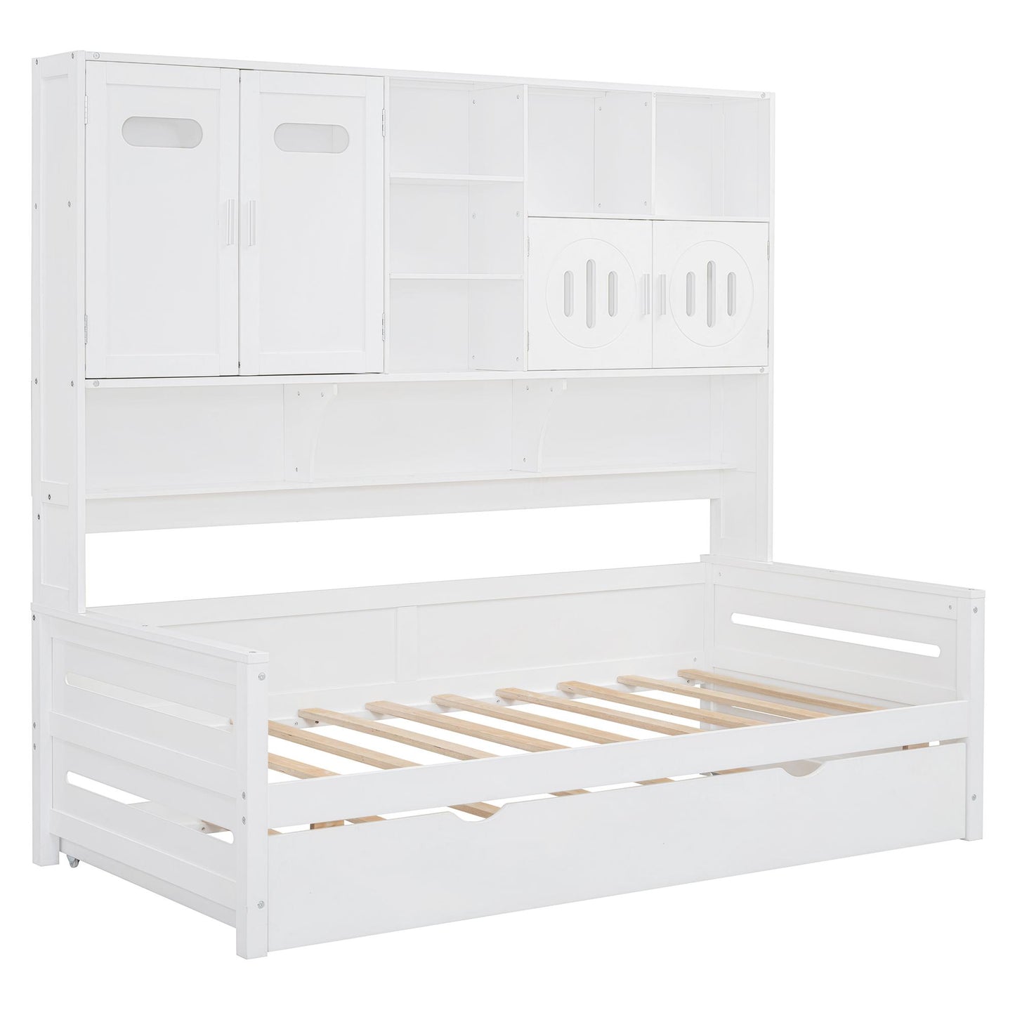 Twin Size Wooden Daybed With Twin Size Trundle, and All-in-One Cabinet and Shelf, White