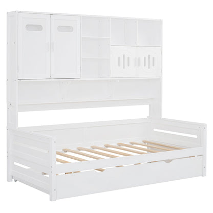 Twin Size Wooden Daybed With Twin Size Trundle, and All-in-One Cabinet and Shelf, White