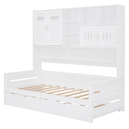Twin Size Wooden Daybed With Twin Size Trundle, and All-in-One Cabinet and Shelf, White