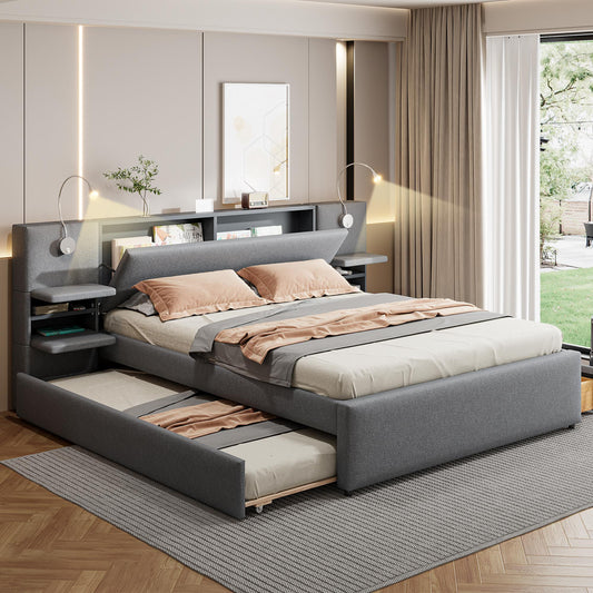 Queen Size Upholstered Platform Bed with Reading Lights, Drawers, Trundle and Shelves, Gray