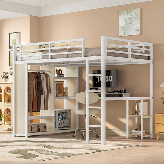 Queen Size Loft Bed Frame with Built-in Wardrobe, Metal Loft Bed with Desk and Storage Shelves, White Wood-grain