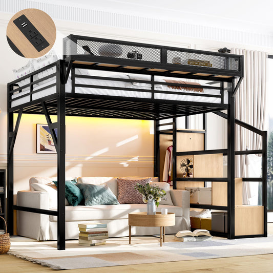 Queen Loft Bed with Storage Stairs, Shelves and Built-in Wardrobe, Metal Loft Bed Frame with USB Ports and LED Lights, Noise-reduced Design, Natural Wood