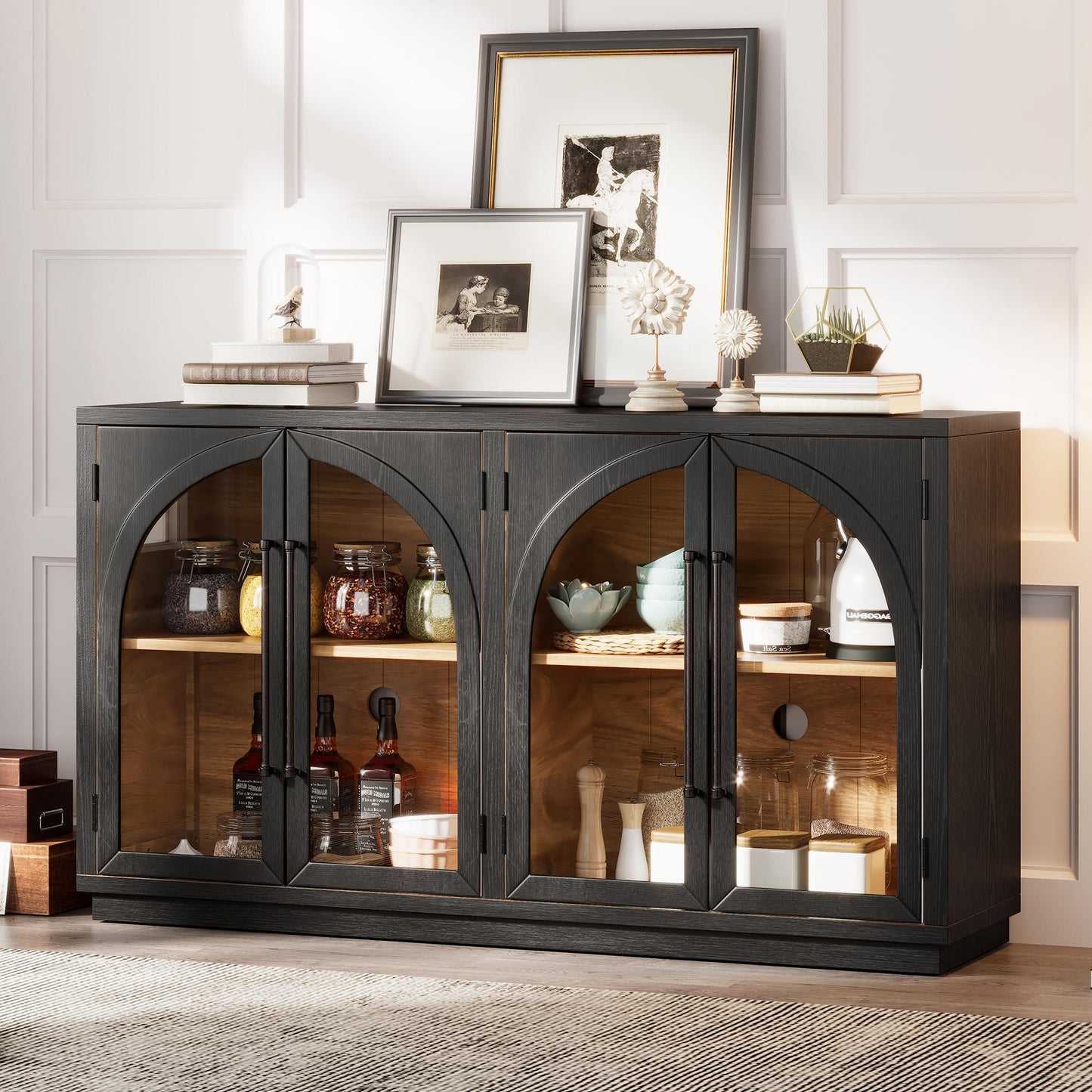 TREXM 4-Door Large Storage Sideboard Buffet Cabinet with Glass Doors, Arched Cabinet with Adjustable Shelves for Kitchen, Dining Room and Living Room (Black)