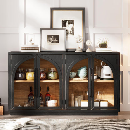 TREXM 4-Door Large Storage Sideboard Buffet Cabinet with Glass Doors, Arched Cabinet with Adjustable Shelves for Kitchen, Dining Room and Living Room (Black)