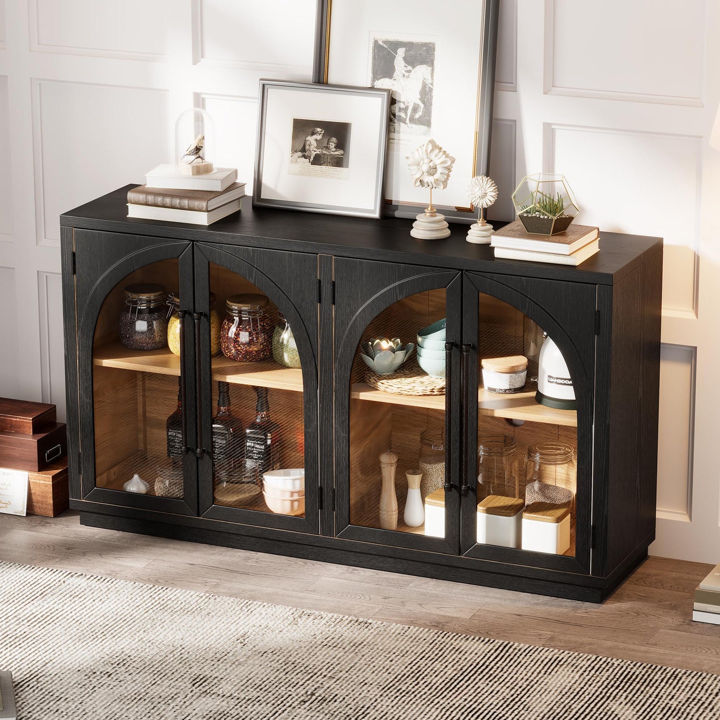 TREXM 4-Door Large Storage Sideboard Buffet Cabinet with Glass Doors, Arched Cabinet with Adjustable Shelves for Kitchen, Dining Room and Living Room (Black)