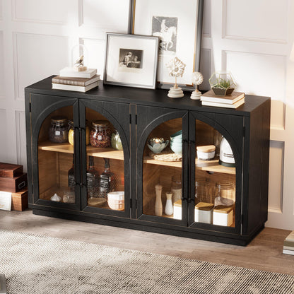 TREXM 4-Door Large Storage Sideboard Buffet Cabinet with Glass Doors, Arched Cabinet with Adjustable Shelves for Kitchen, Dining Room and Living Room (Black)