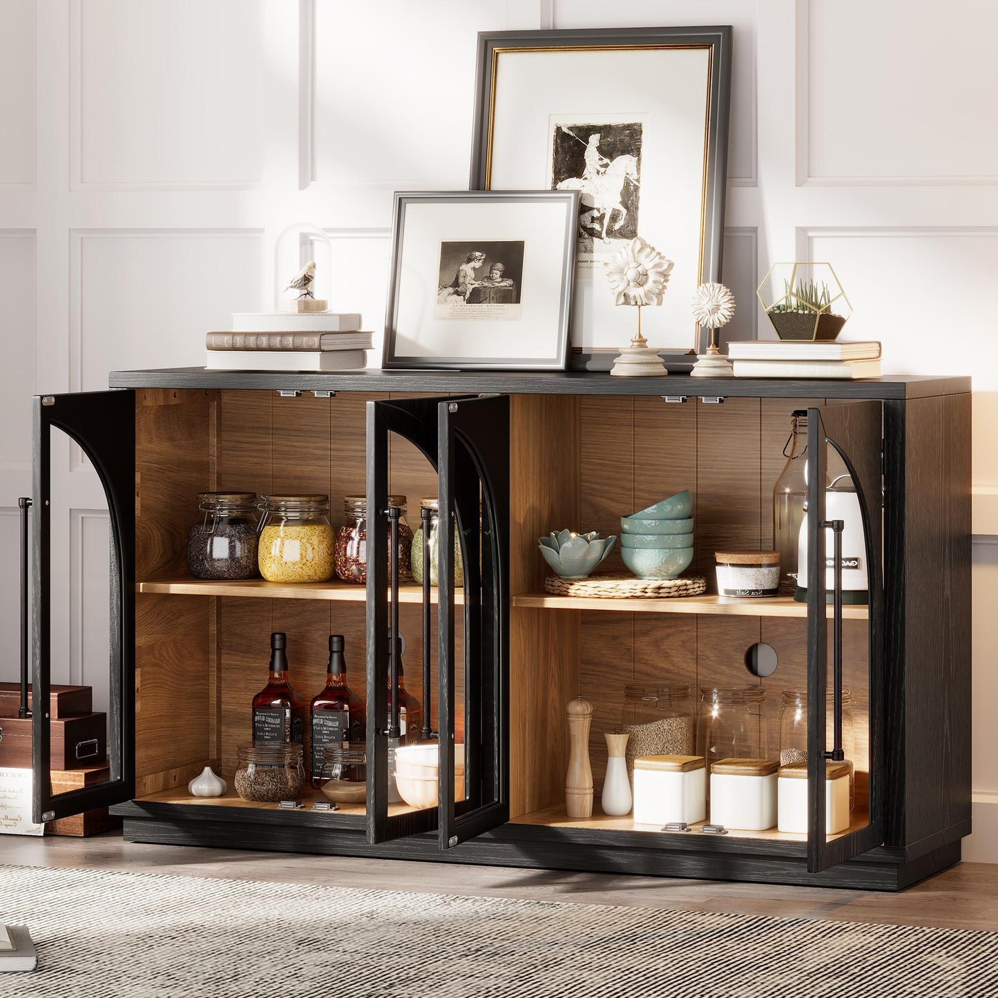 TREXM 4-Door Large Storage Sideboard Buffet Cabinet with Glass Doors, Arched Cabinet with Adjustable Shelves for Kitchen, Dining Room and Living Room (Black)