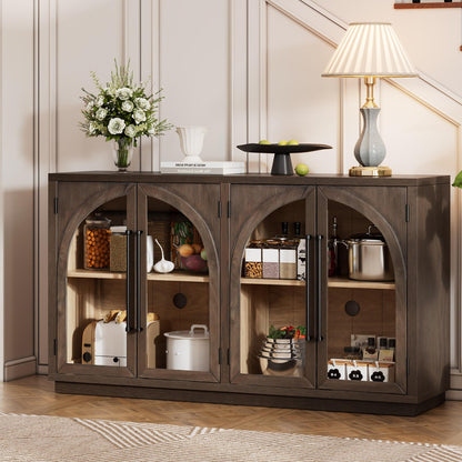 TREXM 4-Door Large Storage Sideboard Buffet Cabinet with Glass Doors, Arched Cabinet with Adjustable Shelves for Kitchen, Dining Room and Living Room (Espresso)