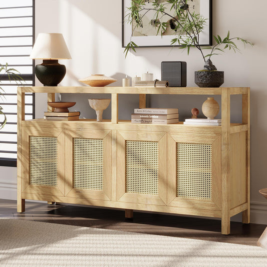 TREXM Bohemian Style Rattan Buffet Storage Cabinet with Solid Wood Frame, Sideboard with 3-position Adjustable Shelves for Living & Dining Rooms, No-Handle Push-to-Open Design (Natural)