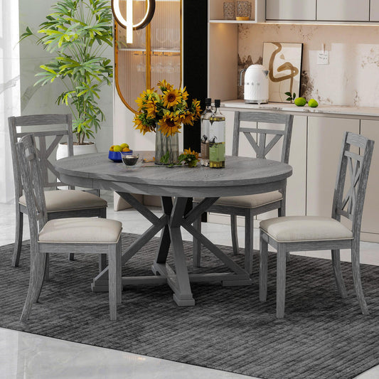 TREXM 5-Piece Retro Functional Dining Table Set Extendable Round Table and 4 Upholstered Chairs for Dining Room and Living Room (Grey)