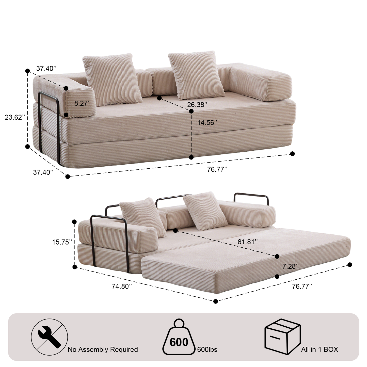 Floor Couch,Compression Sofa,Convertible Floor Sofa Bed-with Pillow Back Support Armrest,Comfy Futon Couch Lounge Sleeper Bed,Corduroy Fabric,for Living Room Bedroom (light grey)