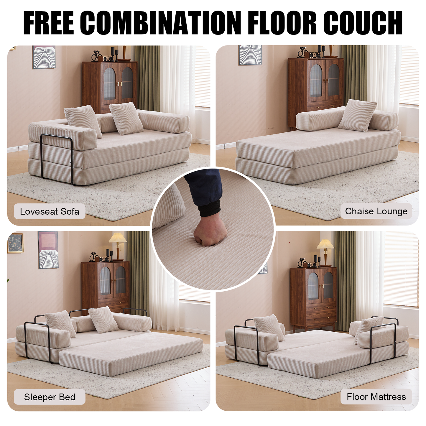 Floor Couch,Compression Sofa,Convertible Floor Sofa Bed-with Pillow Back Support Armrest,Comfy Futon Couch Lounge Sleeper Bed,Corduroy Fabric,for Living Room Bedroom (light grey)