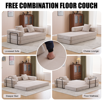 Floor Couch,Compression Sofa,Convertible Floor Sofa Bed-with Pillow Back Support Armrest,Comfy Futon Couch Lounge Sleeper Bed,Corduroy Fabric,for Living Room Bedroom (light grey)