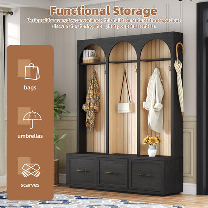 Farmhouse Wooden Style Hall Tree with Arched Design, Elegant 59" Wide Entryway Bench with 8 Retro Hooks, Rustic Coat Rack & Shoe Organizer with 3 Drawers for Mudroom, Living Room, Black, 74.8"H