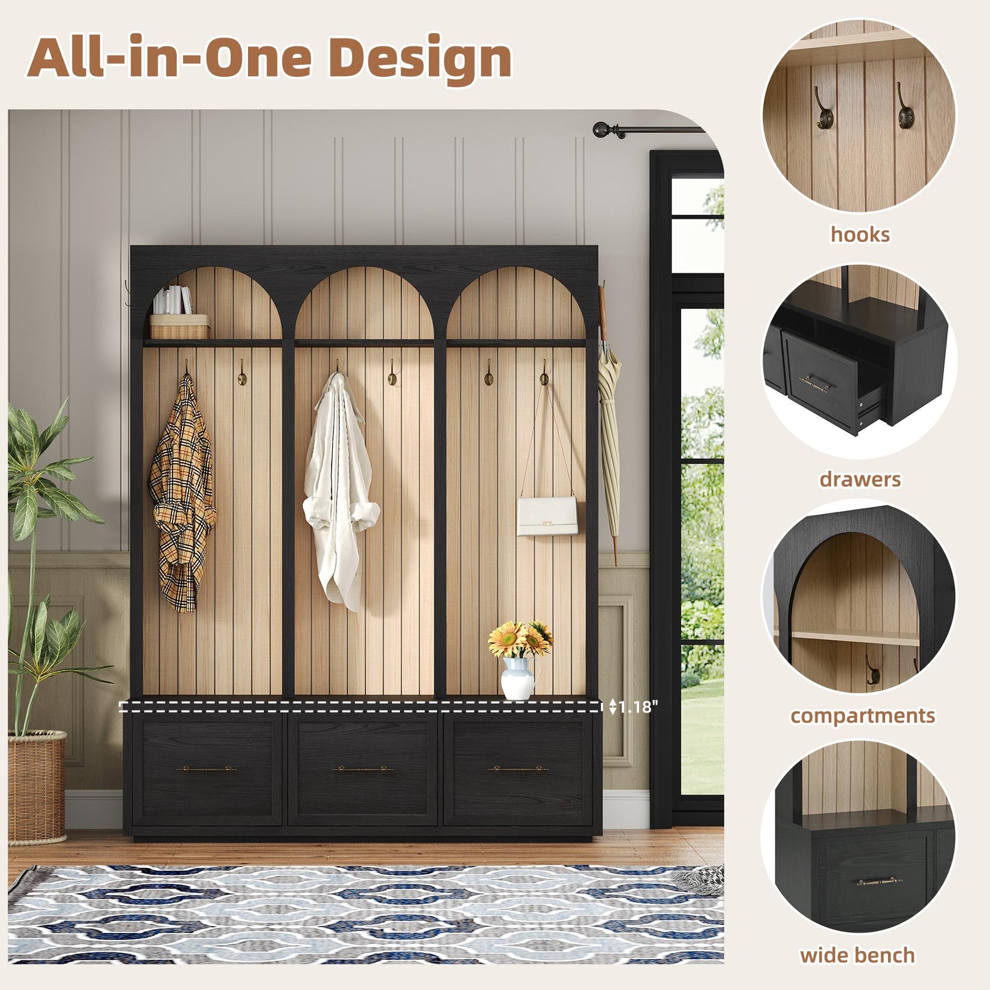 Farmhouse Wooden Style Hall Tree with Arched Design, Elegant 59" Wide Entryway Bench with 8 Retro Hooks, Rustic Coat Rack & Shoe Organizer with 3 Drawers for Mudroom, Living Room, Black, 74.8"H