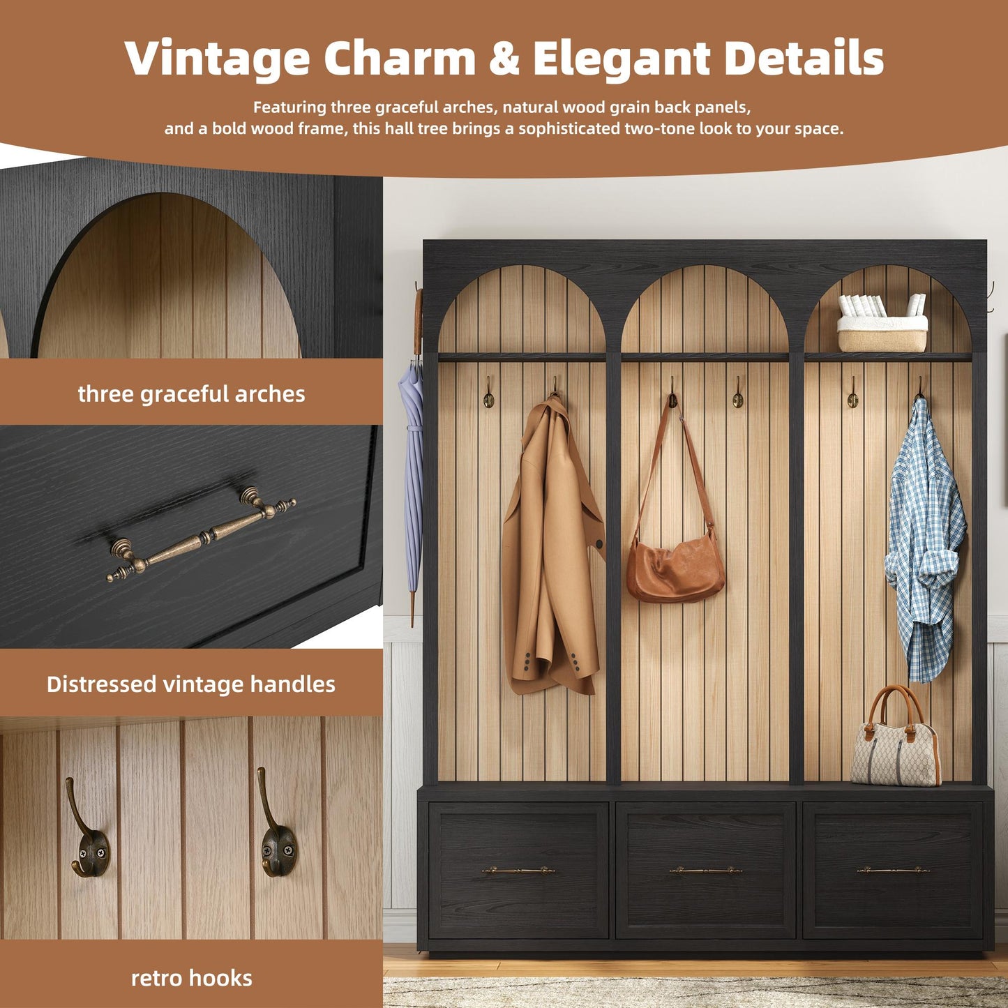 Farmhouse Wooden Style Hall Tree with Arched Design, Elegant 59" Wide Entryway Bench with 8 Retro Hooks, Rustic Coat Rack & Shoe Organizer with 3 Drawers for Mudroom, Living Room, Black, 74.8"H