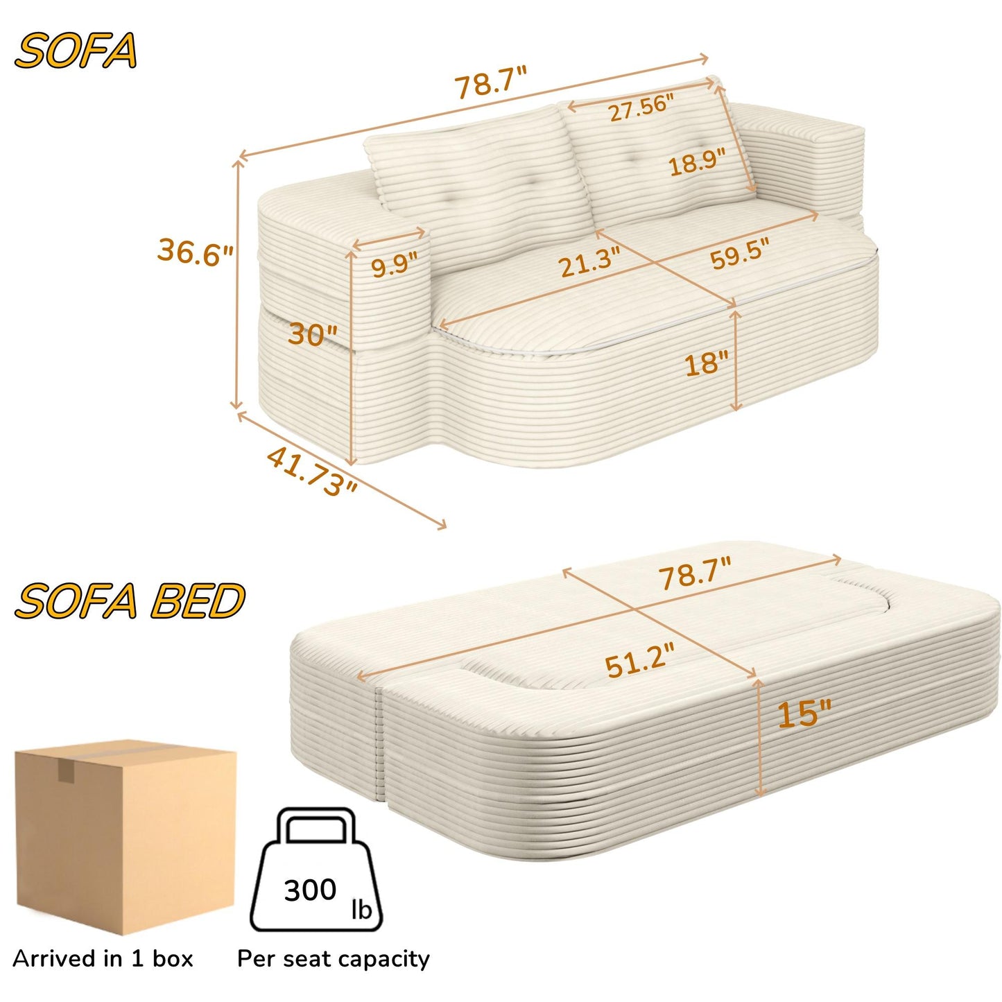 78.7" Modern 2-in-1 Foldable Sofa with Functional Blanket and 2 Soft Pillows,Comfortable Plush Corduroy Fabric Sofa, Convertible Sleeper Sofa Bed, Deep Seat Sofa Couch for Living Room, Bedroom