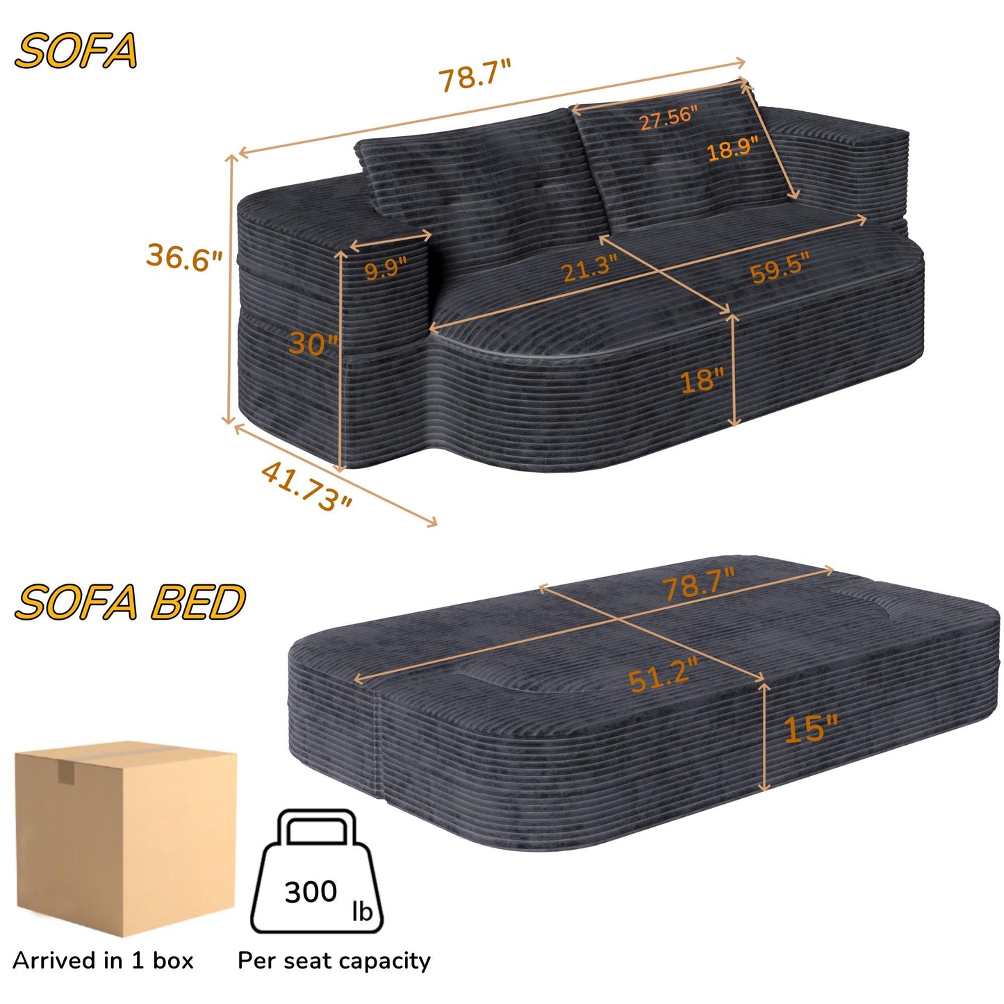 78.7" Modern 2-in-1 Foldable Sofa with Functional Blanket and 2 Soft Pillows,Comfortable Plush Corduroy Fabric Sofa, Convertible Sleeper Sofa Bed, Deep Seat Sofa Couch  for Living Room, Bedroom
