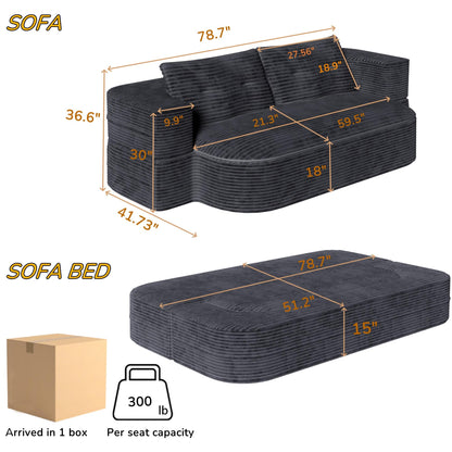 78.7" Modern 2-in-1 Foldable Sofa with Functional Blanket and 2 Soft Pillows,Comfortable Plush Corduroy Fabric Sofa, Convertible Sleeper Sofa Bed, Deep Seat Sofa Couch  for Living Room, Bedroom