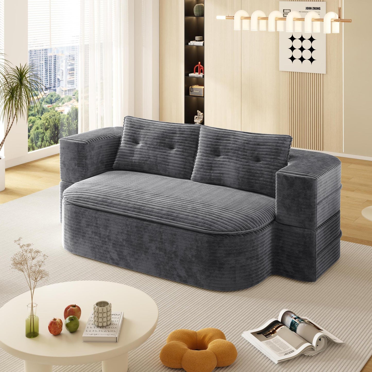 78.7" Modern 2-in-1 Foldable Sofa with Functional Blanket and 2 Soft Pillows,Comfortable Plush Corduroy Fabric Sofa, Convertible Sleeper Sofa Bed, Deep Seat Sofa Couch  for Living Room, Bedroom