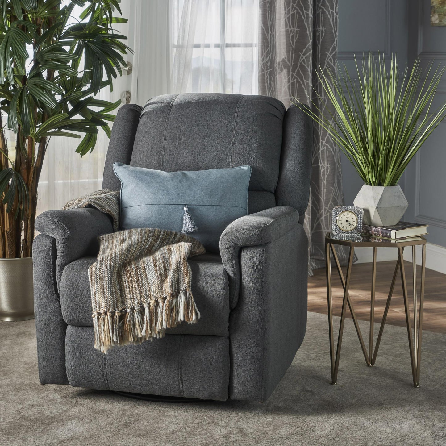 Charcoal Fabric Glider Recliner with Swivel, Manual Reclining Chair