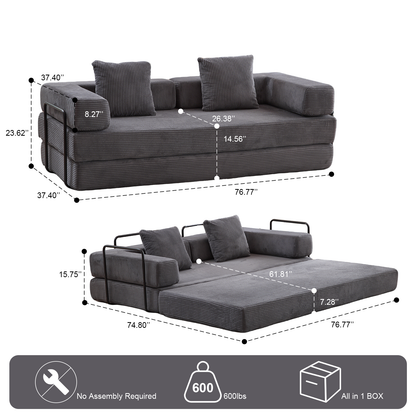 Floor Couch,Compression Sofa,Convertible Floor Sofa Bed-with Pillow Back Support Armrest,Comfy Futon Couch Lounge Sleeper Bed,Corduroy Fabric,for Living Room Bedroom (dark grey)