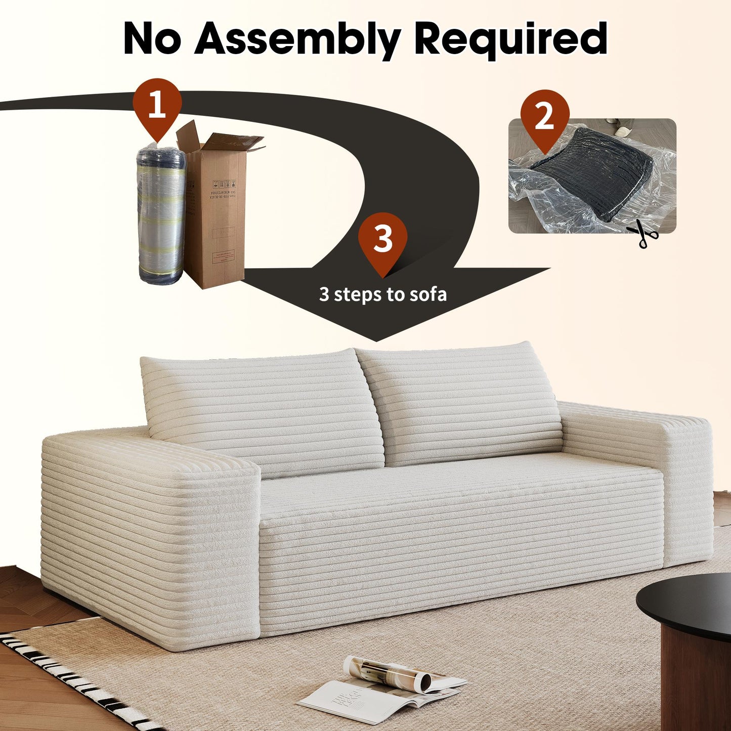 63" 2Setaser Sofa,Corduroy Fabric,Deep Seat Couches,Comfy Loveseat Sofa,No Assembly,1pcs for Living room, Bedroom,Conference room ,Apartment,White