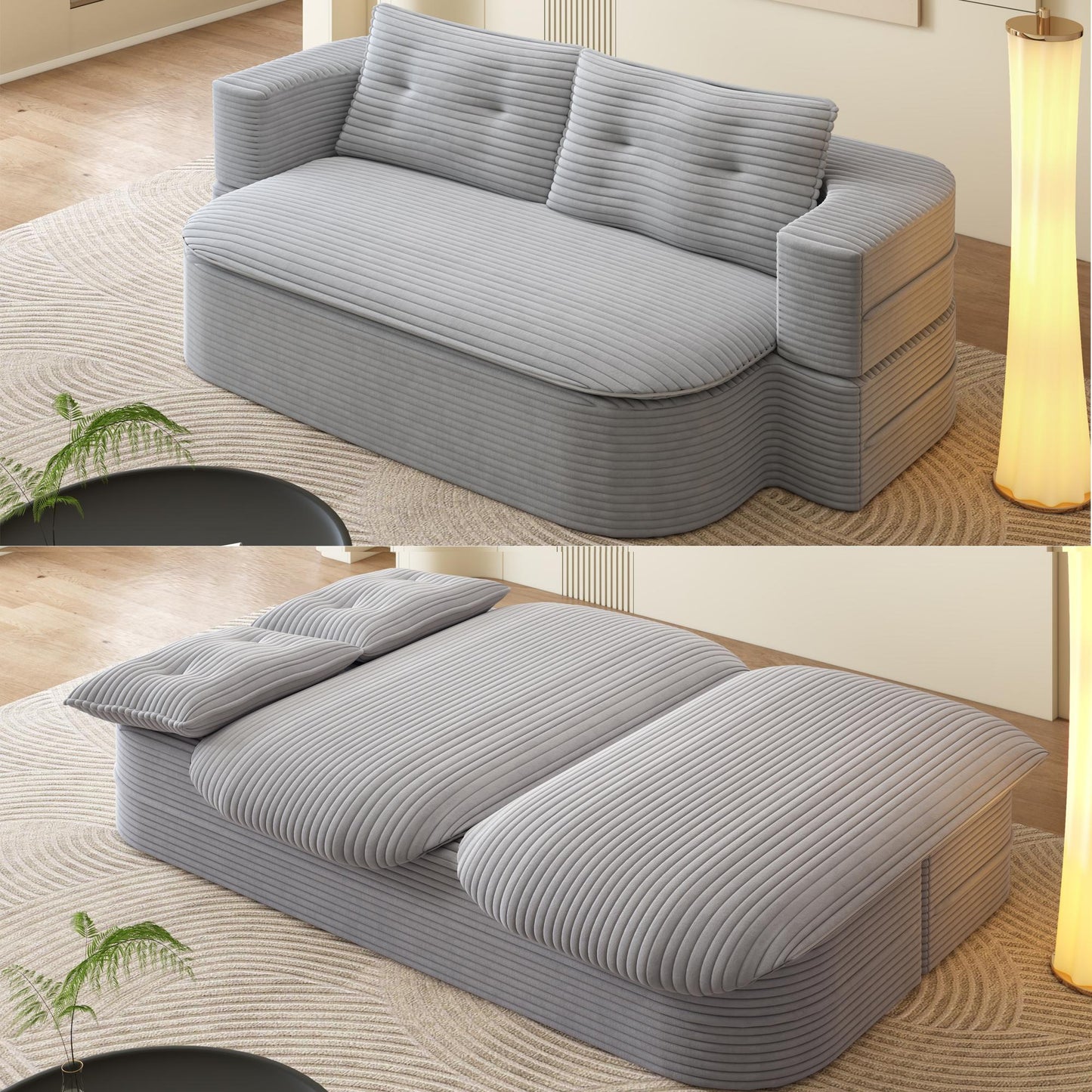 78.7" Modern 2-in-1 Foldable Sofa with Functional Blanket and 2 Soft Pillows,Comfortable Plush Corduroy Fabric Sofa, Convertible Sleeper Sofa Bed, Deep Seat Sofa Couch  for Living Room, Bedroom