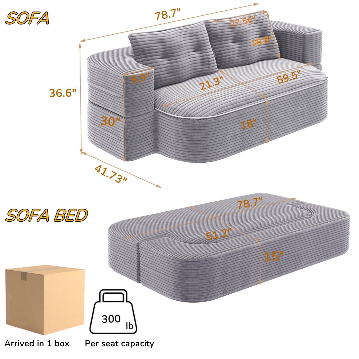 78.7" Modern 2-in-1 Foldable Sofa with Functional Blanket and 2 Soft Pillows,Comfortable Plush Corduroy Fabric Sofa, Convertible Sleeper Sofa Bed, Deep Seat Sofa Couch  for Living Room, Bedroom