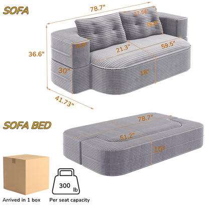 78.7" Modern 2-in-1 Foldable Sofa with Functional Blanket and 2 Soft Pillows,Comfortable Plush Corduroy Fabric Sofa, Convertible Sleeper Sofa Bed, Deep Seat Sofa Couch  for Living Room, Bedroom