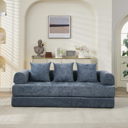 Comfy Convertible Folding Mattress Couch, Floor Sofa Bed, Chenille Floor Sofa with Armrest, Floor Sofa Lounge Couch for Living Room Bedroom Lounge Studio-Blue