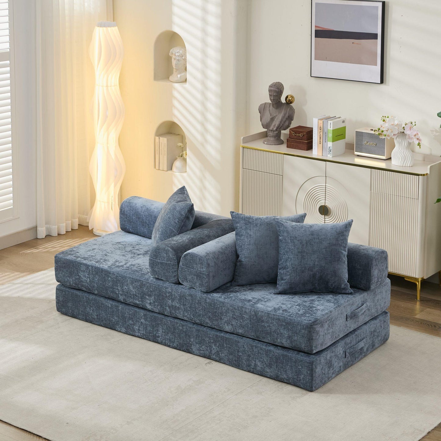 Comfy Convertible Folding Mattress Couch, Floor Sofa Bed, Chenille Floor Sofa with Armrest, Floor Sofa Lounge Couch for Living Room Bedroom Lounge Studio-Blue