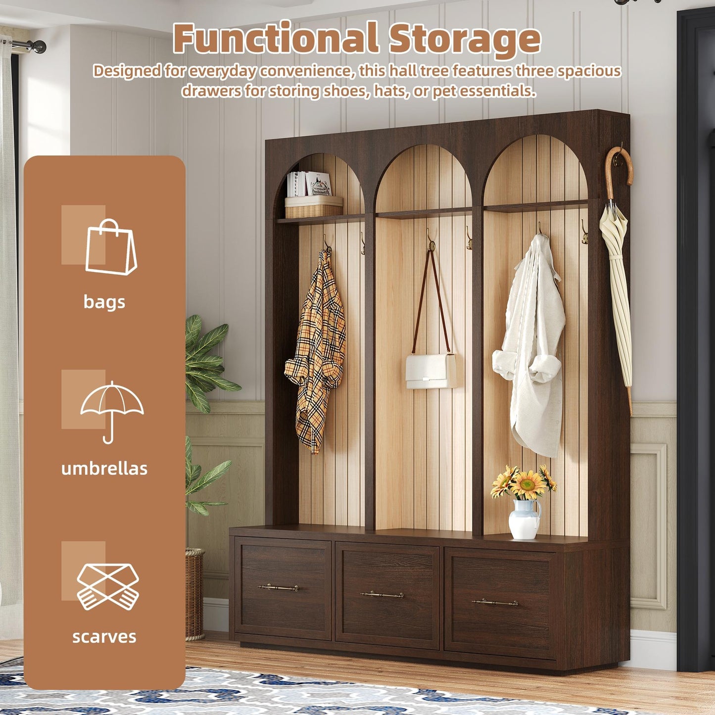 Farmhouse Wooden Style Hall Tree with Arched Design, Elegant 59" Wide Entryway Bench with 8 Retro Hooks, Rustic Coat Rack & Shoe Organizer with 3 Drawers for Mudroom, Living Room, Dark Walnut, 74.8"H