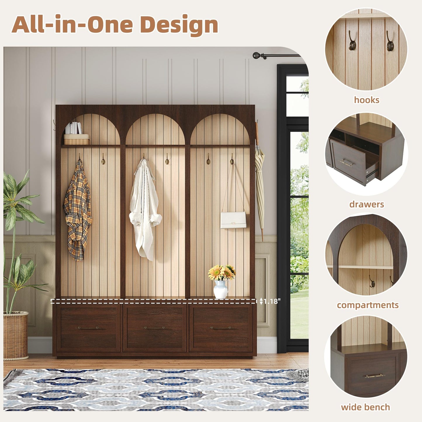 Farmhouse Wooden Style Hall Tree with Arched Design, Elegant 59" Wide Entryway Bench with 8 Retro Hooks, Rustic Coat Rack & Shoe Organizer with 3 Drawers for Mudroom, Living Room, Dark Walnut, 74.8"H