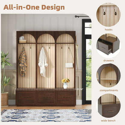 Farmhouse Wooden Style Hall Tree with Arched Design, Elegant 59" Wide Entryway Bench with 8 Retro Hooks, Rustic Coat Rack & Shoe Organizer with 3 Drawers for Mudroom, Living Room, Dark Walnut, 74.8"H