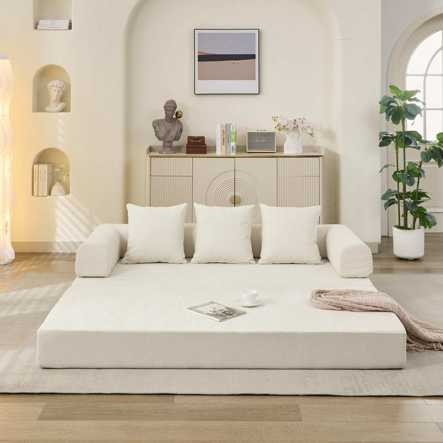 Comfy Convertible Folding Mattress Couch, Floor Sofa Bed, Chenille Floor Sofa with Armrest, Floor Sofa Lounge Couch for Living Room Bedroom Lounge Studio-Beige