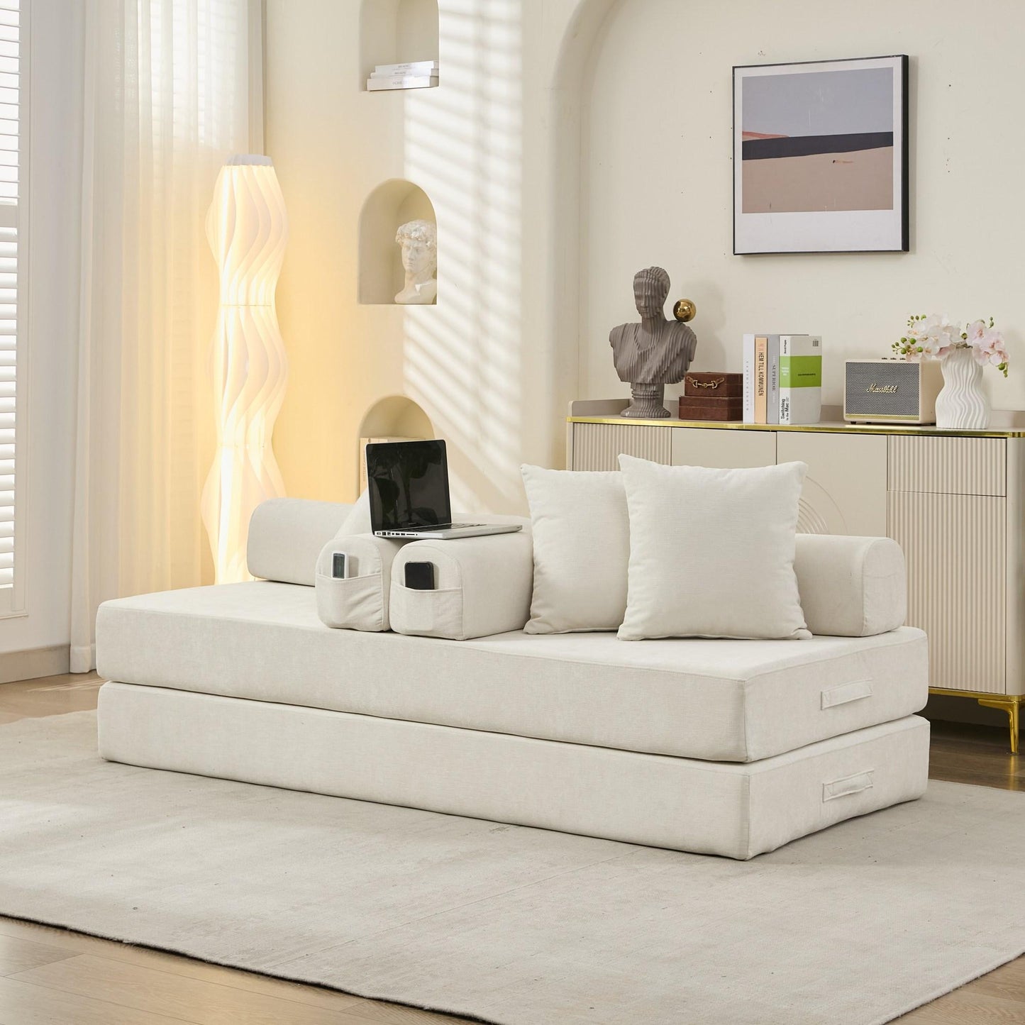 Comfy Convertible Folding Mattress Couch, Floor Sofa Bed, Chenille Floor Sofa with Armrest, Floor Sofa Lounge Couch for Living Room Bedroom Lounge Studio-Beige