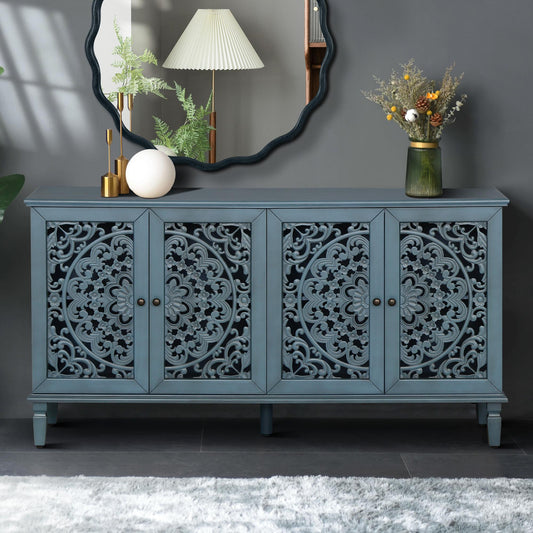 60" Antique Buffet Cabinet with Floral Carvings with Solid Wood Legs&Antique Brass Handles&Adjustable Shelves, TV Stand for 65''+ TV, Sideboard for Living Room,Dining Room (Antique Blue)