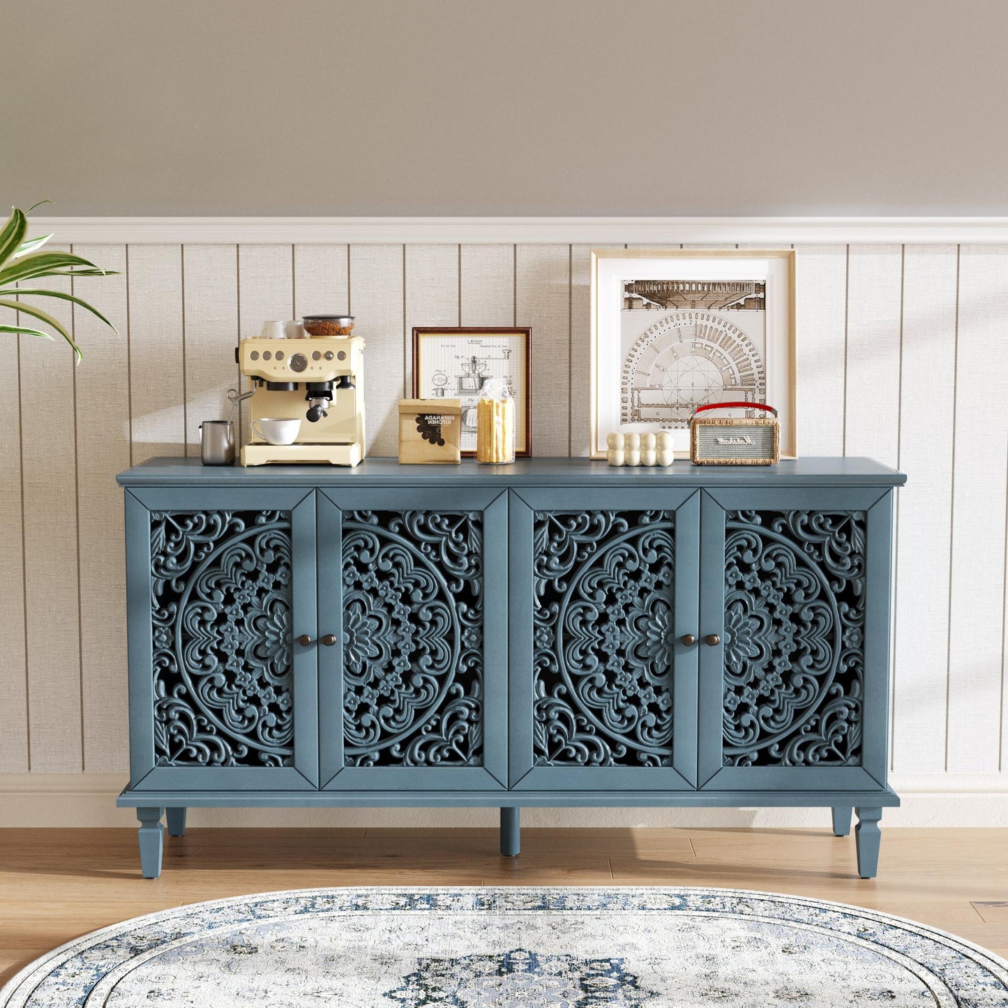 60" Antique Buffet Cabinet with Floral Carvings with Solid Wood Legs&Antique Brass Handles&Adjustable Shelves, TV Stand for 65''+ TV, Sideboard for Living Room,Dining Room (Antique Blue)