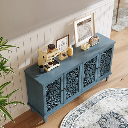 60" Antique Buffet Cabinet with Floral Carvings with Solid Wood Legs&Antique Brass Handles&Adjustable Shelves, TV Stand for 65''+ TV, Sideboard for Living Room,Dining Room (Antique Blue)
