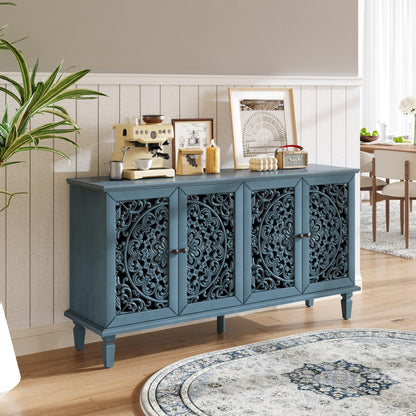 60" Antique Buffet Cabinet with Floral Carvings with Solid Wood Legs&Antique Brass Handles&Adjustable Shelves, TV Stand for 65''+ TV, Sideboard for Living Room,Dining Room (Antique Blue)