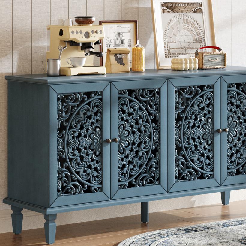 60" Antique Buffet Cabinet with Floral Carvings with Solid Wood Legs&Antique Brass Handles&Adjustable Shelves, TV Stand for 65''+ TV, Sideboard for Living Room,Dining Room (Antique Blue)