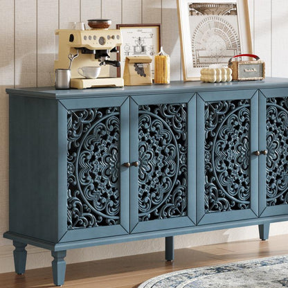 60" Antique Buffet Cabinet with Floral Carvings with Solid Wood Legs&Antique Brass Handles&Adjustable Shelves, TV Stand for 65''+ TV, Sideboard for Living Room,Dining Room (Antique Blue)