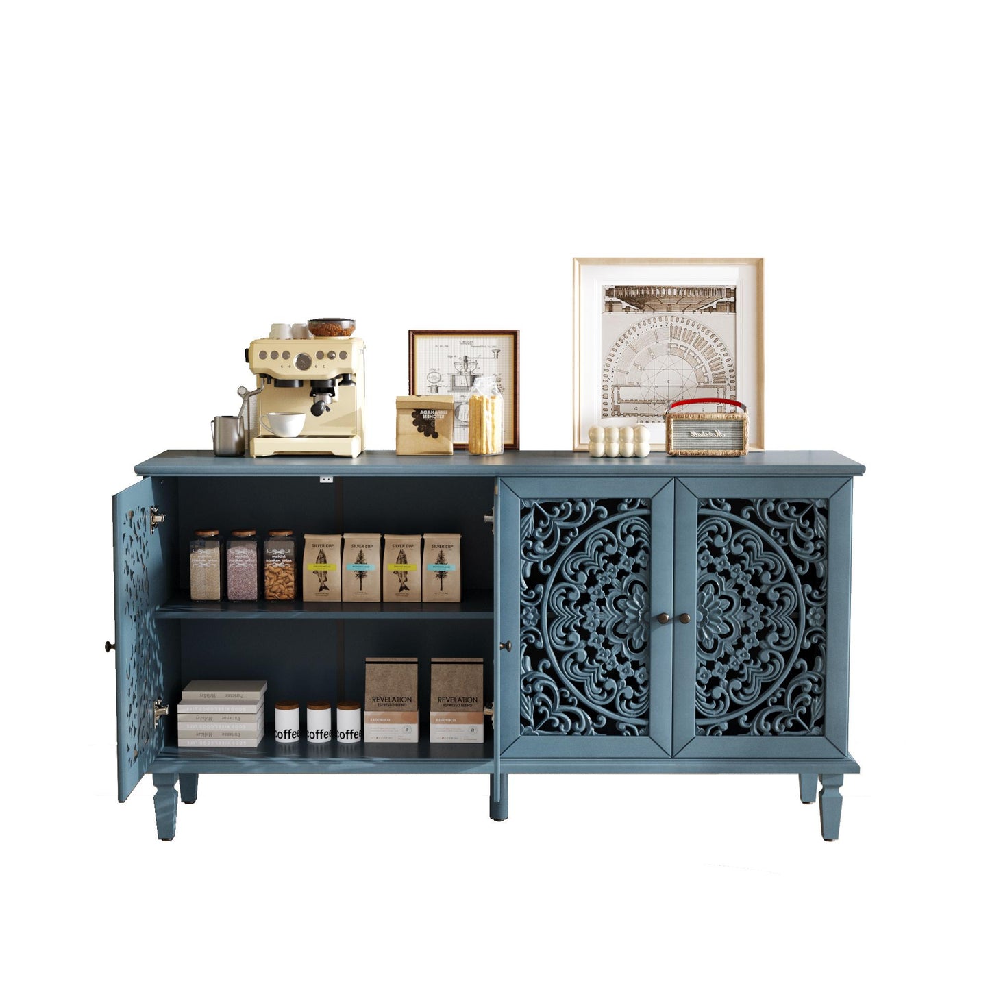 60" Antique Buffet Cabinet with Floral Carvings with Solid Wood Legs&Antique Brass Handles&Adjustable Shelves, TV Stand for 65''+ TV, Sideboard for Living Room,Dining Room (Antique Blue)