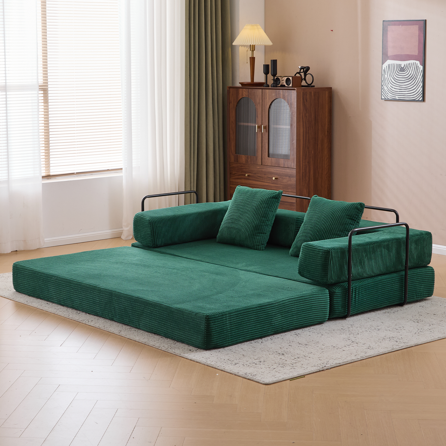 Floor Couch,Compression Sofa,Convertible Floor Sofa Bed-with Pillow Back Support Armrest,Comfy Futon Couch Lounge Sleeper Bed,Corduroy Fabric,for Living Room Bedroom (dark green)