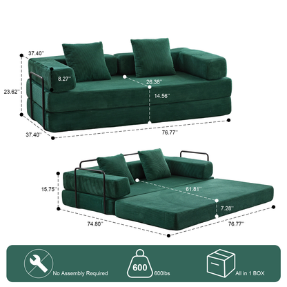 Floor Couch,Compression Sofa,Convertible Floor Sofa Bed-with Pillow Back Support Armrest,Comfy Futon Couch Lounge Sleeper Bed,Corduroy Fabric,for Living Room Bedroom (dark green)