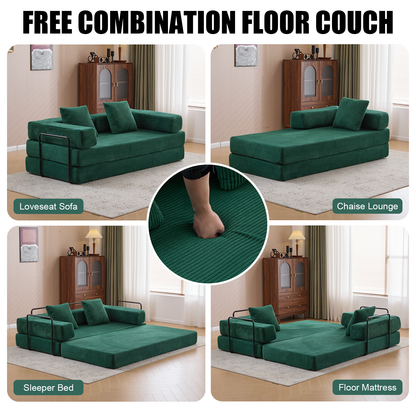 Floor Couch,Compression Sofa,Convertible Floor Sofa Bed-with Pillow Back Support Armrest,Comfy Futon Couch Lounge Sleeper Bed,Corduroy Fabric,for Living Room Bedroom (dark green)