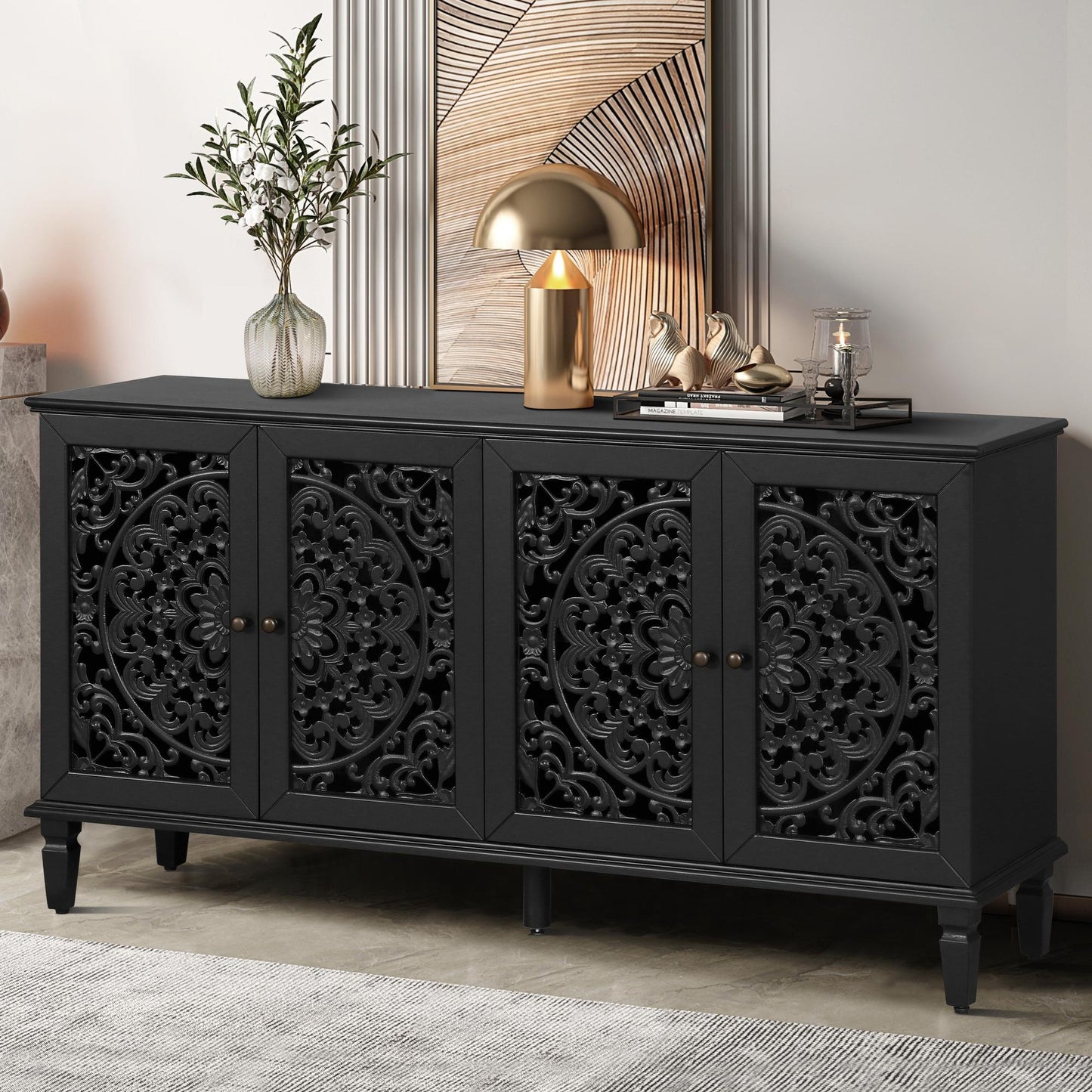 60" Antique Buffet Cabinet with Floral Carvings with Solid Wood Legs&Antique Brass Handles&Adjustable Shelves, TV Stand for 65''+ TV, Sideboard for Living Room,Dining Room (Black)