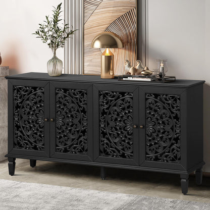 60" Antique Buffet Cabinet with Floral Carvings with Solid Wood Legs&Antique Brass Handles&Adjustable Shelves, TV Stand for 65''+ TV, Sideboard for Living Room,Dining Room (Black)